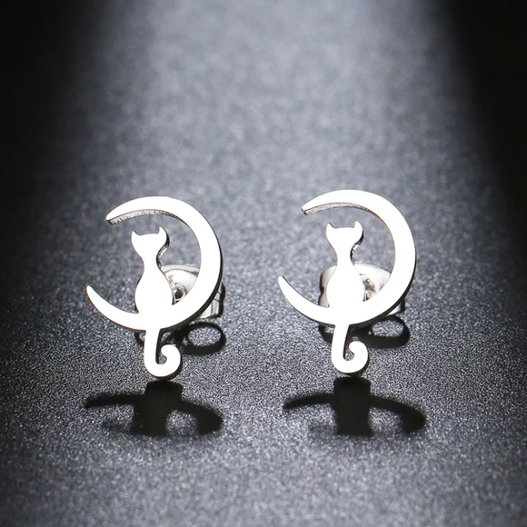 Cute Moon Cat Stud Earrings - Picture 2 of 5